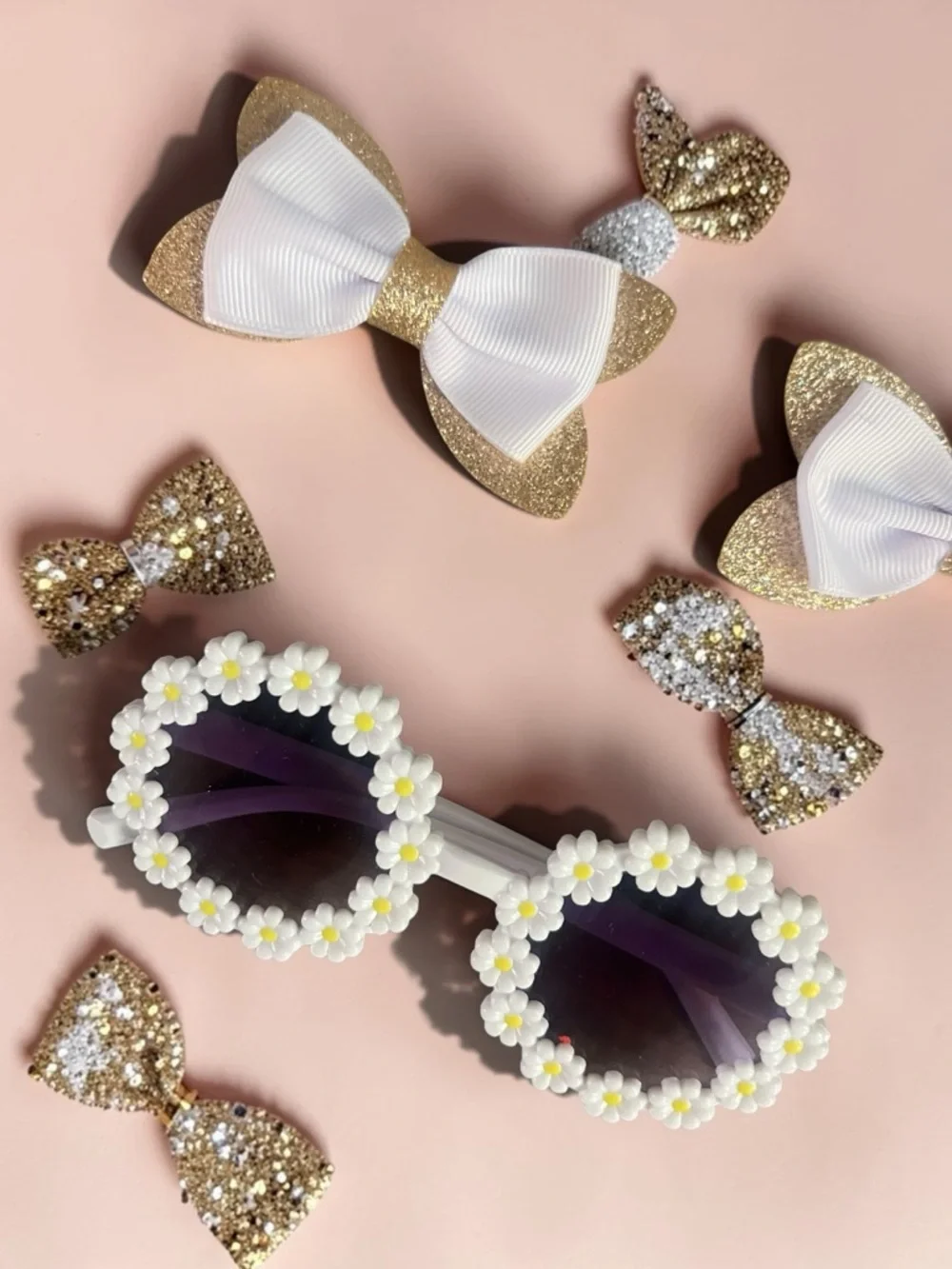 Kids Daisy Frame Sunglasses - White Floral With glitter white Hair Bows Set